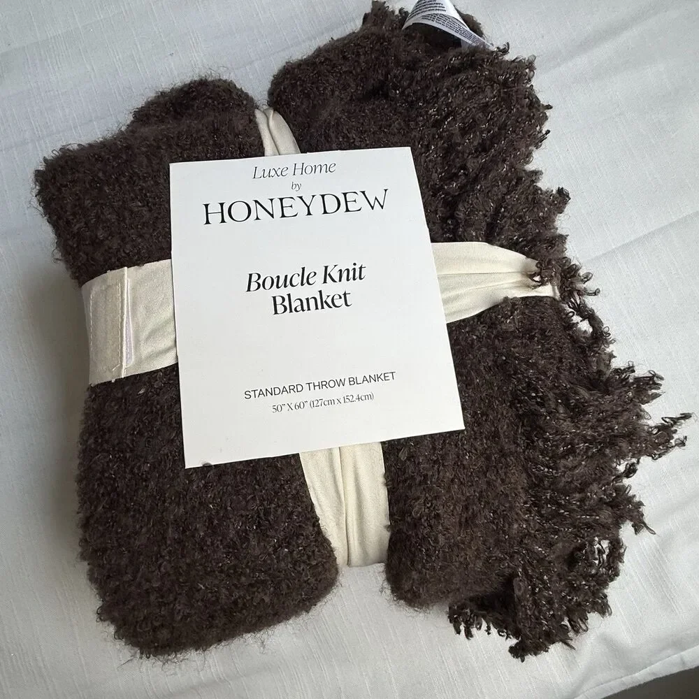 Luxe Home By Honeydew Boucle Knit Throw Fringe Blanket Chocolate 50”x60 New